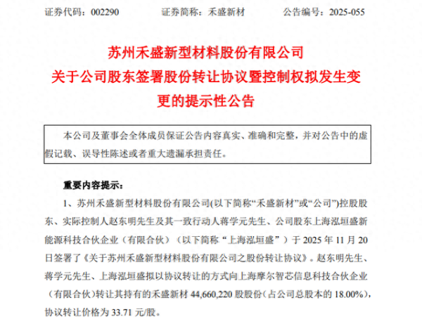 蓝乔配资 禾盛新材（002290），控制权将变更！